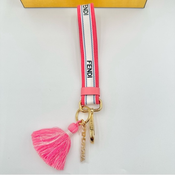 Fendi Bag Charm / Key Chain, Pink & White Strap, Gold Hardware w Box, Like New - Picture 2 of 4